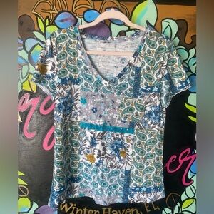 Dept 222 Womens Blue/Green Floral Paisley T Shirt Size Large